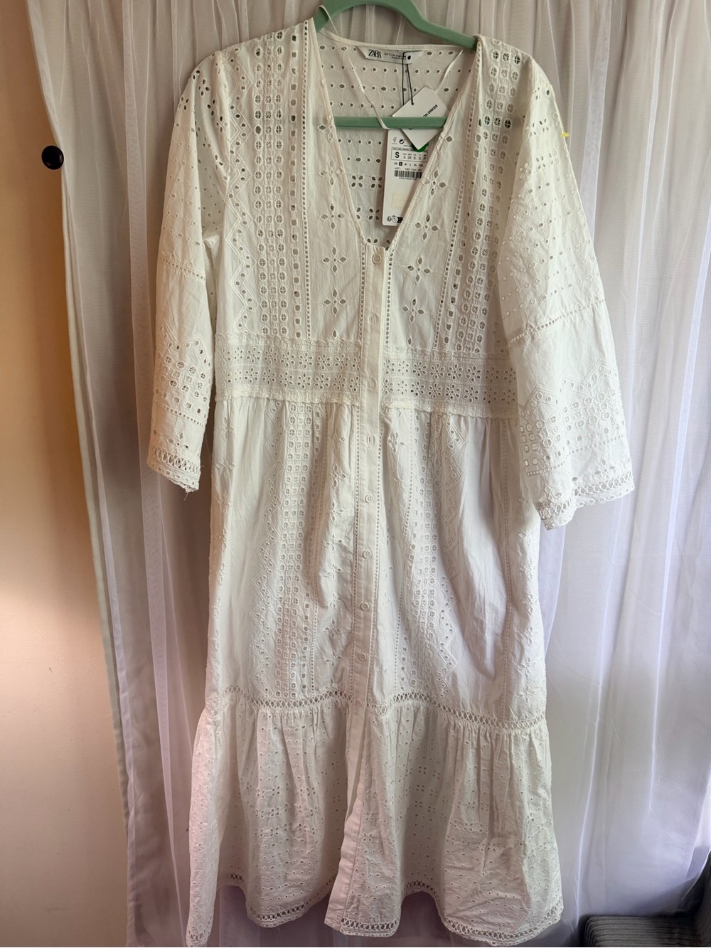 Zara White Eyelet Botton front Maxi Dress with V-Neck beachy see-through coverup